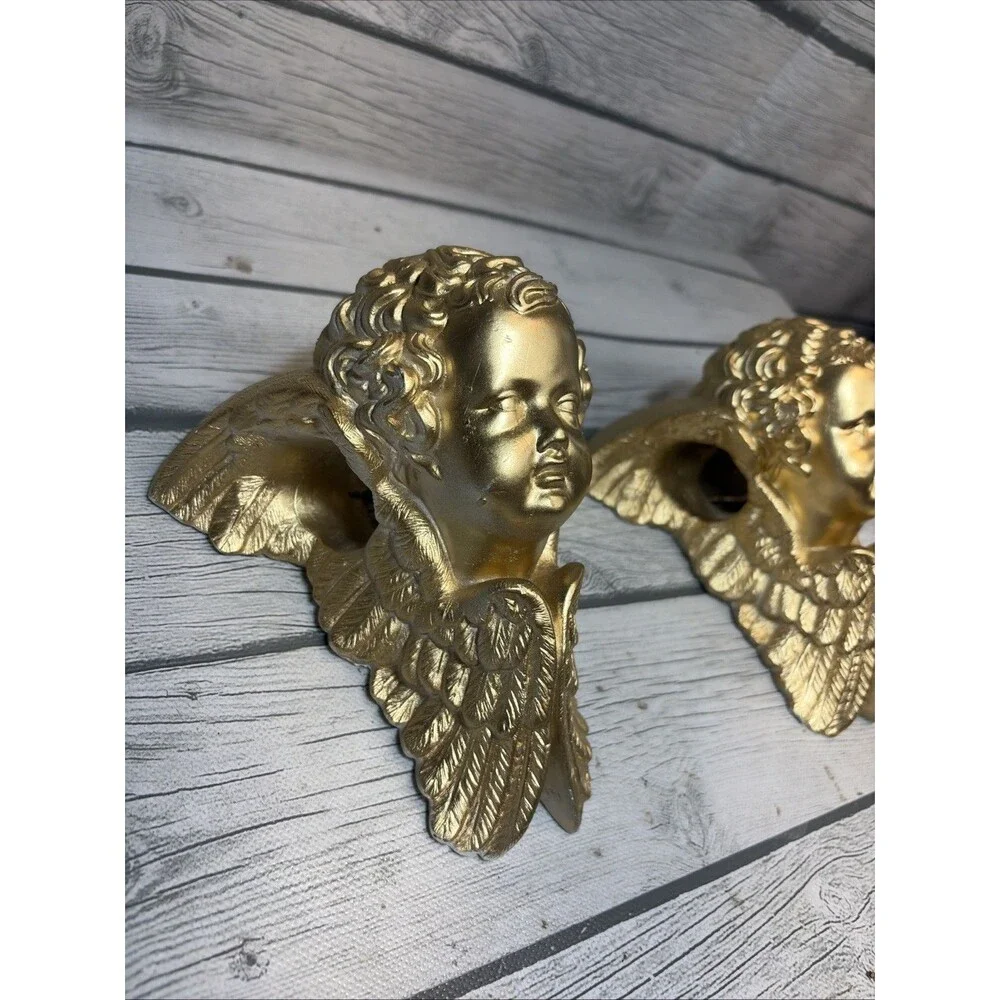 2 Vintage Hard Plaster Cherub Drapery Curtain Rod Wall Sconce Swag Holders
